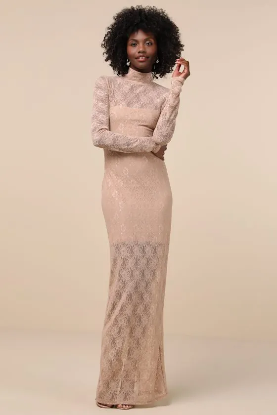 Famous Impression Beige Lace Mock Neck Long Sleeve Maxi Dress sold by Lulus
