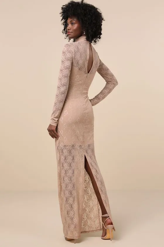 Famous Impression Beige Lace Mock Neck Long Sleeve Maxi Dress sold by Lulus product image thumbnail 2