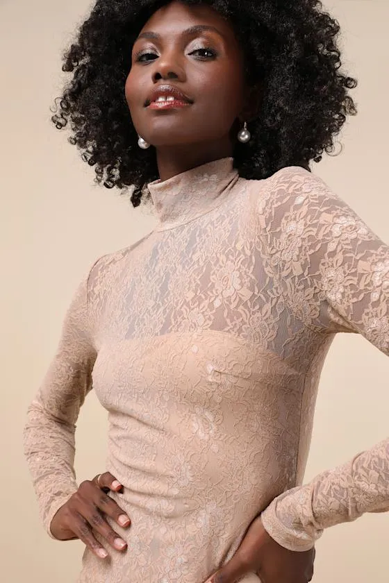 Famous Impression Beige Lace Mock Neck Long Sleeve Maxi Dress sold by Lulus product image thumbnail 3