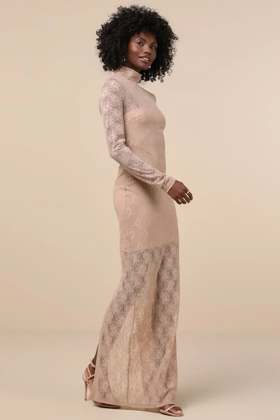 Famous Impression Beige Lace Mock Neck Long Sleeve Maxi Dress sold by Lulus product image thumbnail 4