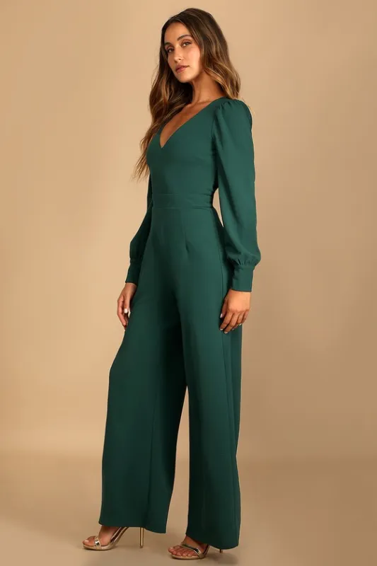 Celebrating Romance Emerald Green Long Sleeve Wide-Leg Jumpsuit sold by Lulus