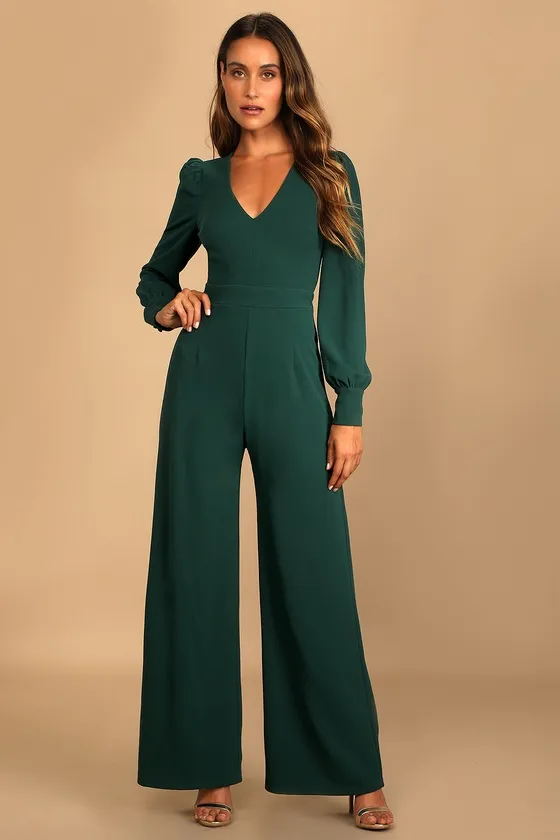 Celebrating Romance Emerald Green Long Sleeve Wide-Leg Jumpsuit sold by Lulus product image thumbnail 3