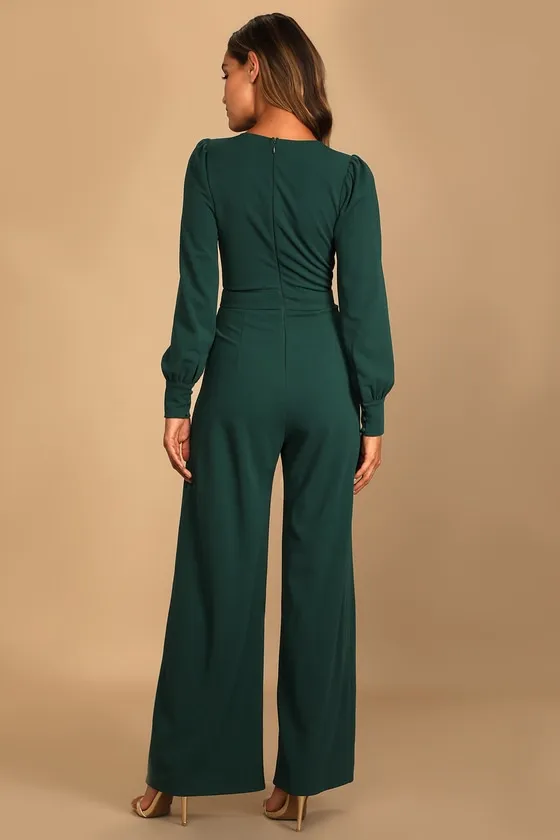 Celebrating Romance Emerald Green Long Sleeve Wide-Leg Jumpsuit sold by Lulus product image thumbnail 4