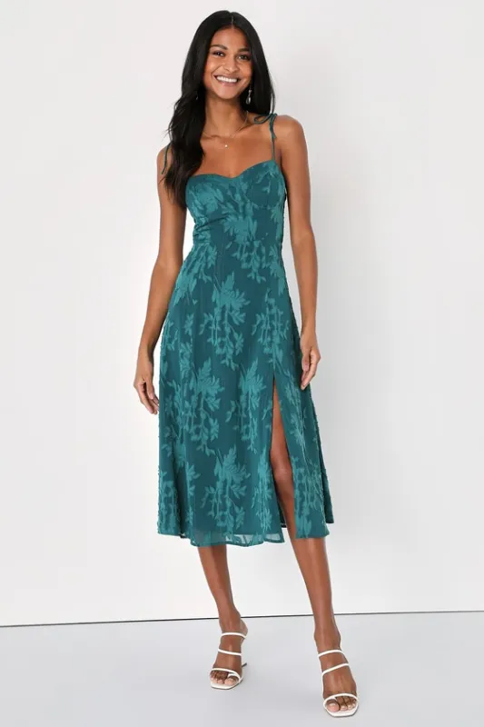 Loveliest Looks Emerald Green Jacquard Tie-Strap Midi Dress sold by Lulus