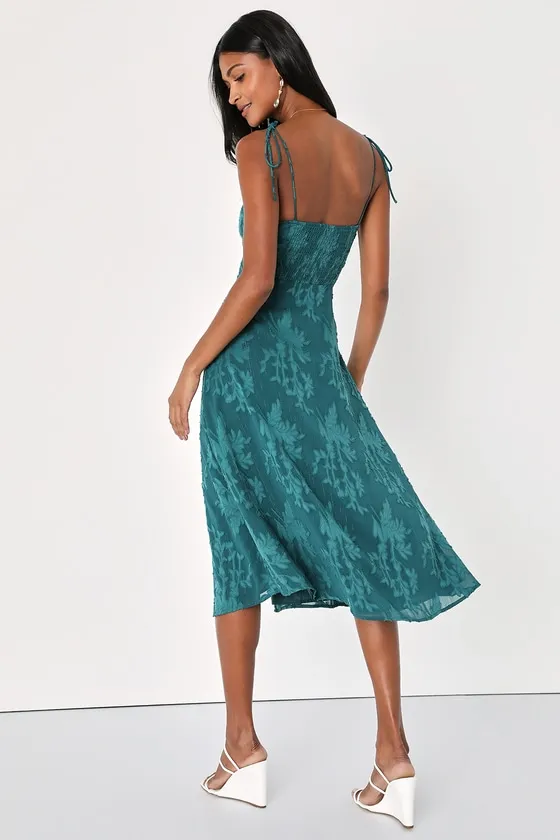 Loveliest Looks Emerald Green Jacquard Tie-Strap Midi Dress sold by Lulus product image thumbnail 2
