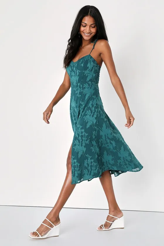 Loveliest Looks Emerald Green Jacquard Tie-Strap Midi Dress sold by Lulus product image thumbnail 3
