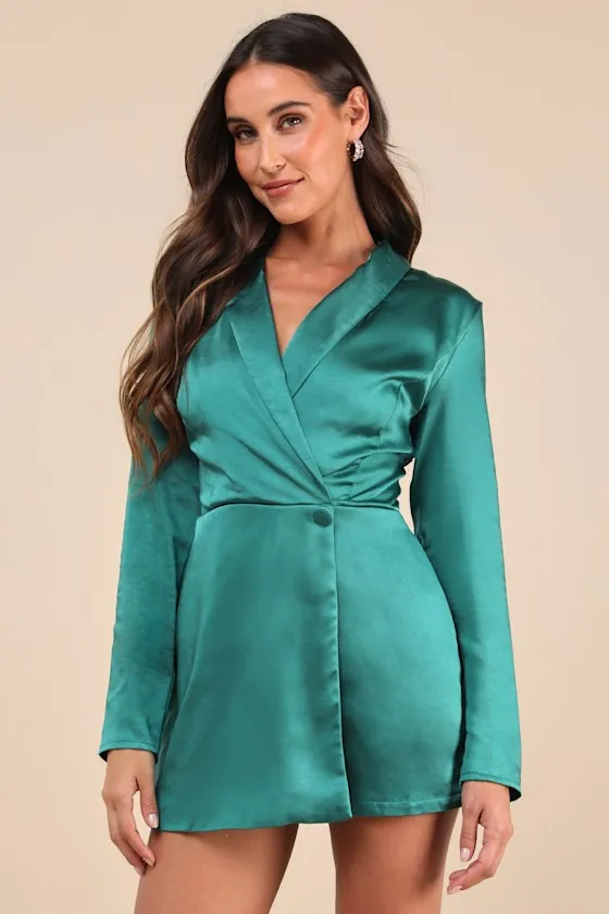 Elevated Persona Emerald Green Satin Collared Skort Romper sold by Lulus