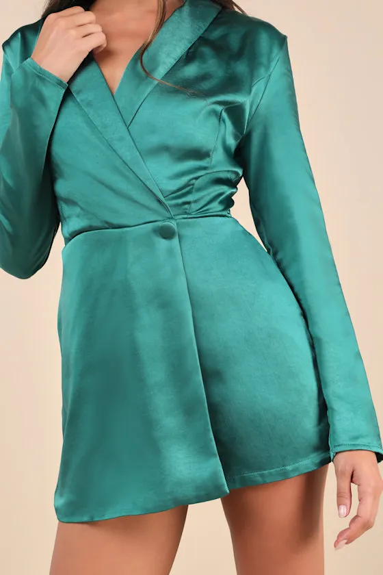 Elevated Persona Emerald Green Satin Collared Skort Romper sold by Lulus product image thumbnail 4