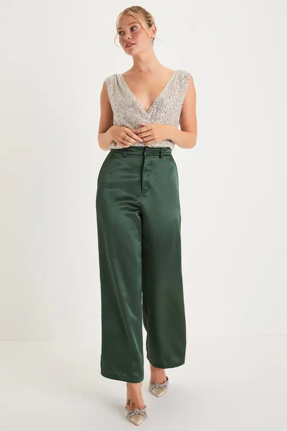 Sleek Statement Emerald Green Satin High Rise Wide-Leg Trousers sold by Lulus