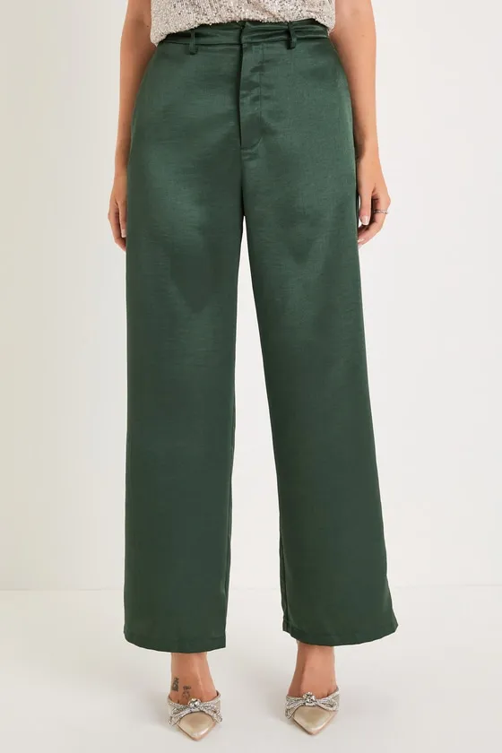 Sleek Statement Emerald Green Satin High Rise Wide-Leg Trousers sold by Lulus product image thumbnail 2