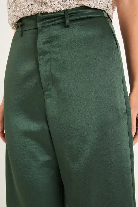 Sleek Statement Emerald Green Satin High Rise Wide-Leg Trousers sold by Lulus product image thumbnail 4