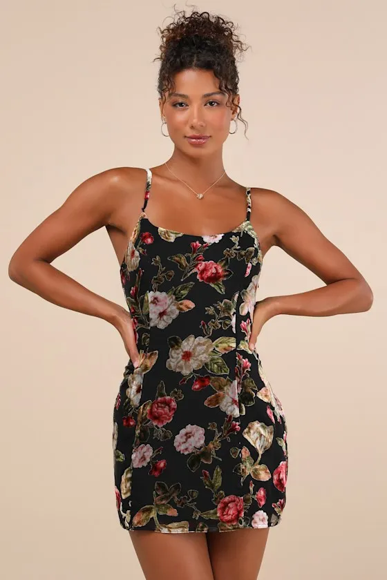 Dramatic Sweetness Black Floral Velvet Burnout Mini Dress sold by Lulus