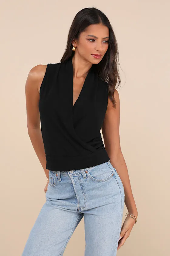 Sophisticated Mentality Black Knit Surplice Sleeveless Top sold by Lulus