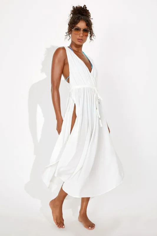 Santorini Sun White Drawstring Swim Cover-Up Dress made by Lulus