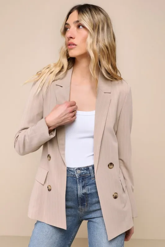 Polished Choice Taupe and White Striped Double Breasted Blazer sold by Lulus