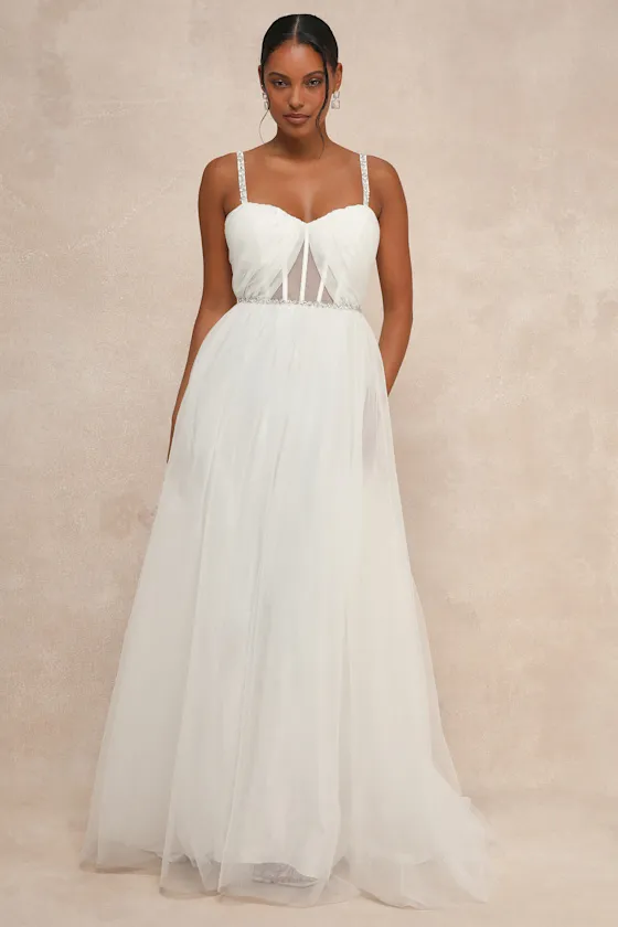 Glittering Romance White Rhinestone Tulle Bustier Maxi Dress sold by Lulus