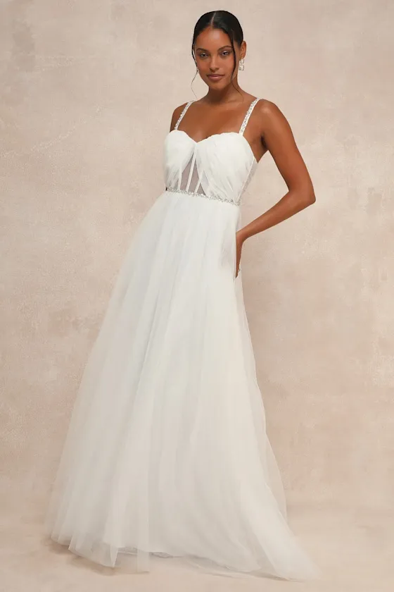 Glittering Romance White Rhinestone Tulle Bustier Maxi Dress sold by Lulus product image thumbnail 3
