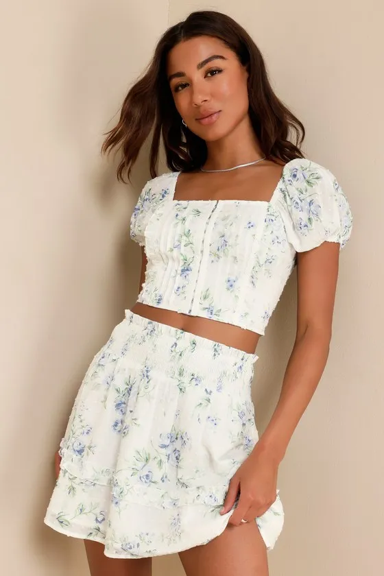 Springtime Sentiments White Floral Swiss Dot Ruffled Mini Skirt sold by Lulus