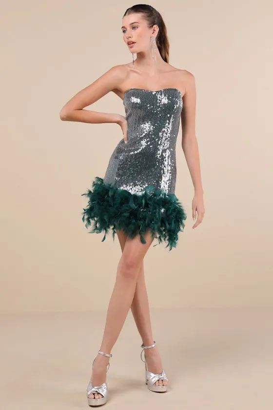 Especially Fabulous Emerald Sequin Feather Strapless Mini Dress sold by Lulus product image thumbnail 3