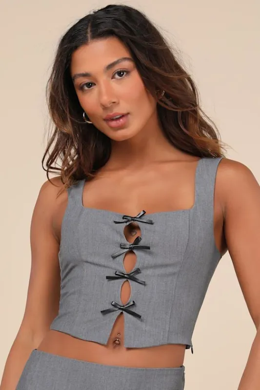 Tate Charcoal Grey Bow Cutout Top sold by Lulus