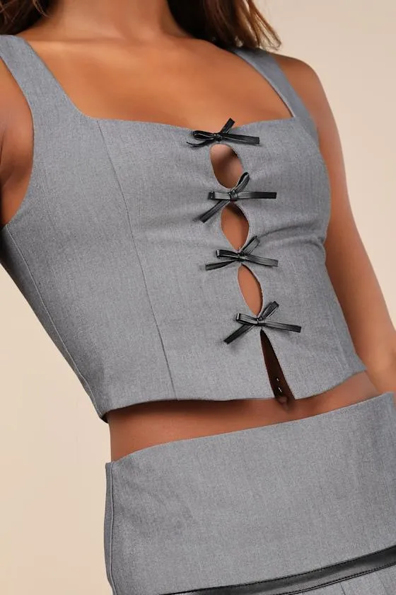 Tate Charcoal Grey Bow Cutout Top sold by Lulus product image thumbnail 4