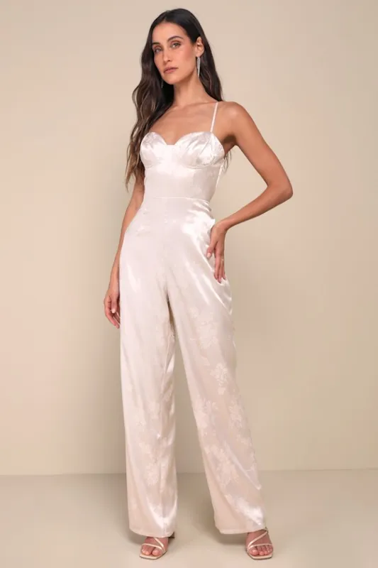 Sincerely Sensational Cream Satin Jacquard Lace-Up Jumpsuit sold by Lulus