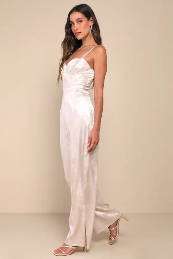 Sincerely Sensational Cream Satin Jacquard Lace-Up Jumpsuit sold by Lulus product image thumbnail 3