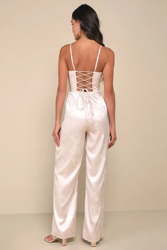 Sincerely Sensational Cream Satin Jacquard Lace-Up Jumpsuit sold by Lulus product image thumbnail 4