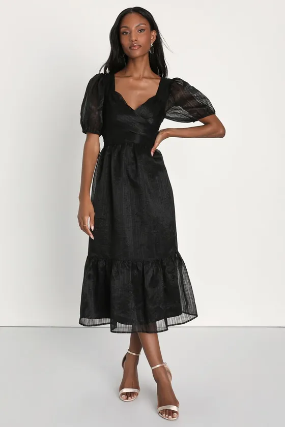 Celebratory Moment Black Surplice Puff Sleeve Midi Dress sold by Lulus