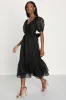 Celebratory Moment Black Surplice Puff Sleeve Midi Dress sold by Lulus