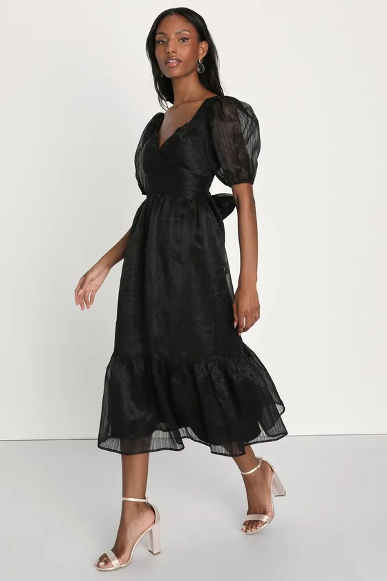 Celebratory Moment Black Surplice Puff Sleeve Midi Dress sold by Lulus product image thumbnail 2