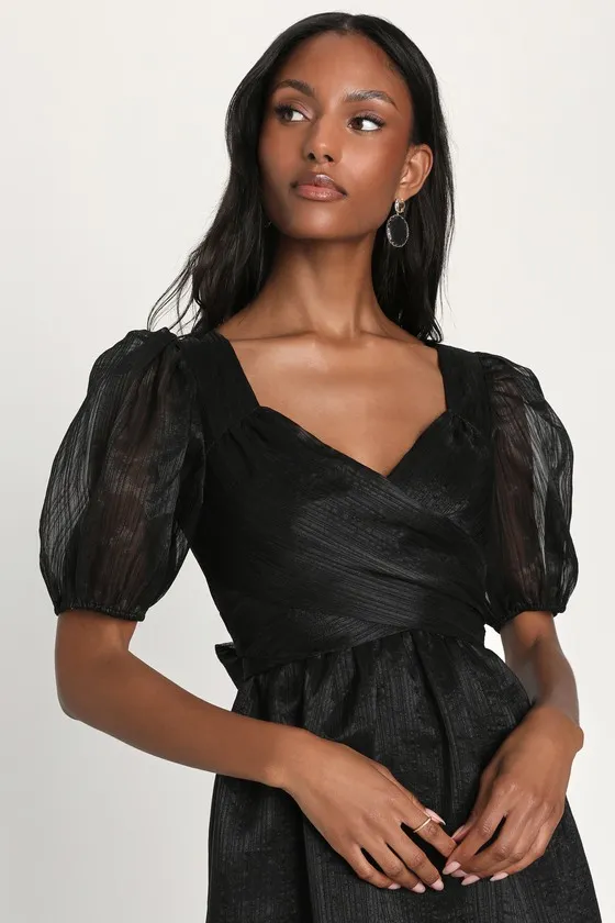 Celebratory Moment Black Surplice Puff Sleeve Midi Dress sold by Lulus product image thumbnail 3