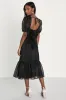 Celebratory Moment Black Surplice Puff Sleeve Midi Dress sold by Lulus
