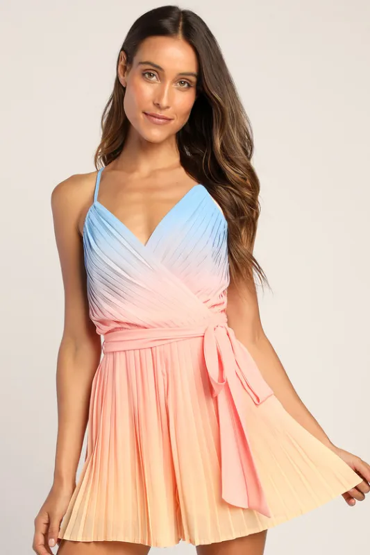 Pleat the Way Blue and Pink Ombre Pleated Romper sold by Lulus