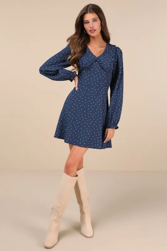 Sweetie Aura Dark Blue Polka Dot Mini Dress sold by Lulus