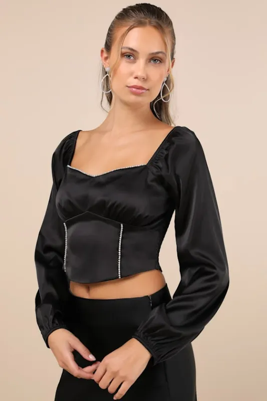 Glitteringly Gorgeous Black Rhinestone Cropped Long Sleeve Top sold by Lulus