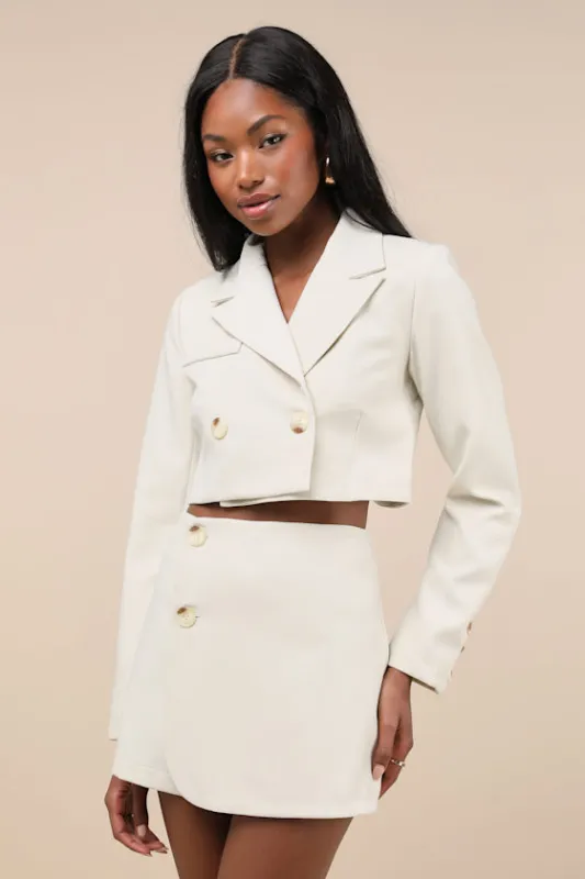 Suit 'Em Up Beige Double-Breasted Cropped Blazer sold by Lulus