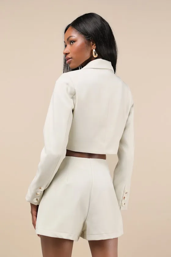 Suit 'Em Up Beige Double-Breasted Cropped Blazer sold by Lulus product image thumbnail 2