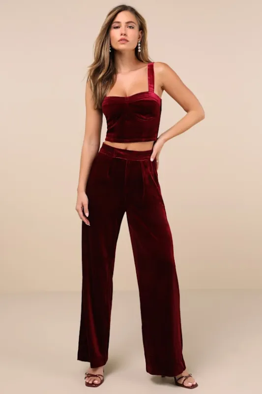 Sneak Peak Burgundy Velvet High-Rise Trouser Pants sold by Lulus