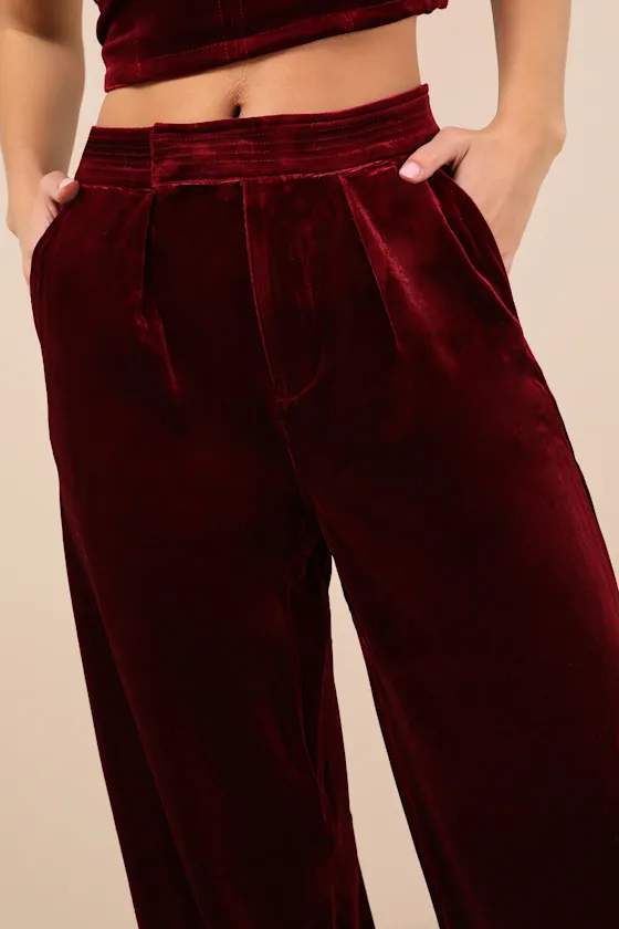 Sneak Peak Burgundy Velvet High-Rise Trouser Pants sold by Lulus product image thumbnail 4