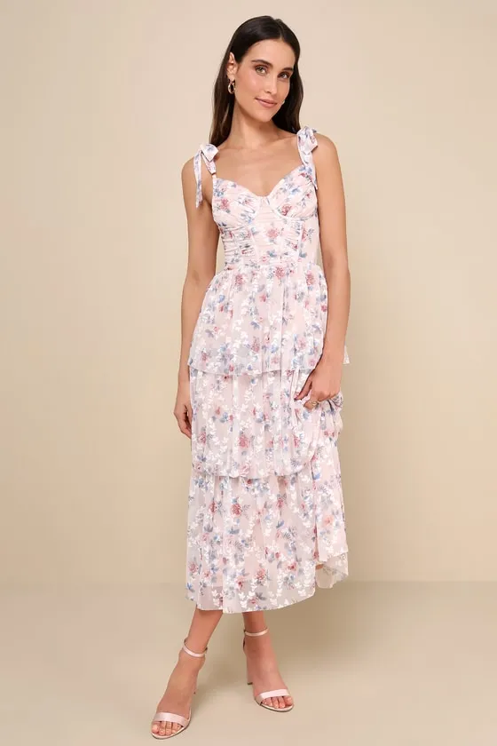 Flirtatious Radiance Blush Pink Floral Mesh Bustier Midi Dress sold by Lulus