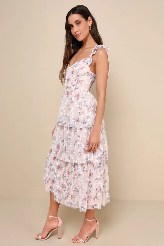 Flirtatious Radiance Blush Pink Floral Mesh Bustier Midi Dress sold by Lulus product image thumbnail 2