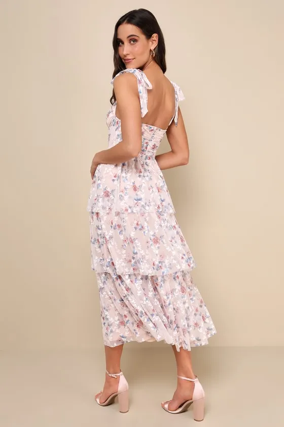 Flirtatious Radiance Blush Pink Floral Mesh Bustier Midi Dress sold by Lulus product image thumbnail 3