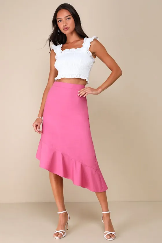 Sweet Destiny Pink Asymmetrical Ruffled Midi Skirt sold by Lulus