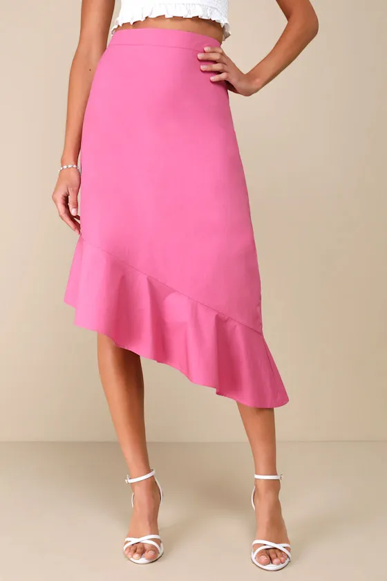 Sweet Destiny Pink Asymmetrical Ruffled Midi Skirt sold by Lulus product image thumbnail 2