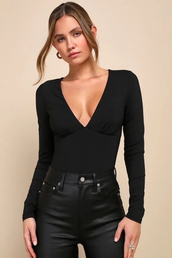 Modern Possibilities Black V-Neck Long Sleeve Bodysuit sold by Lulus