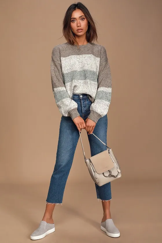 Snuggle Season Grey Multi Striped Balloon Sleeve Sweater sold by Lulus product image thumbnail 2