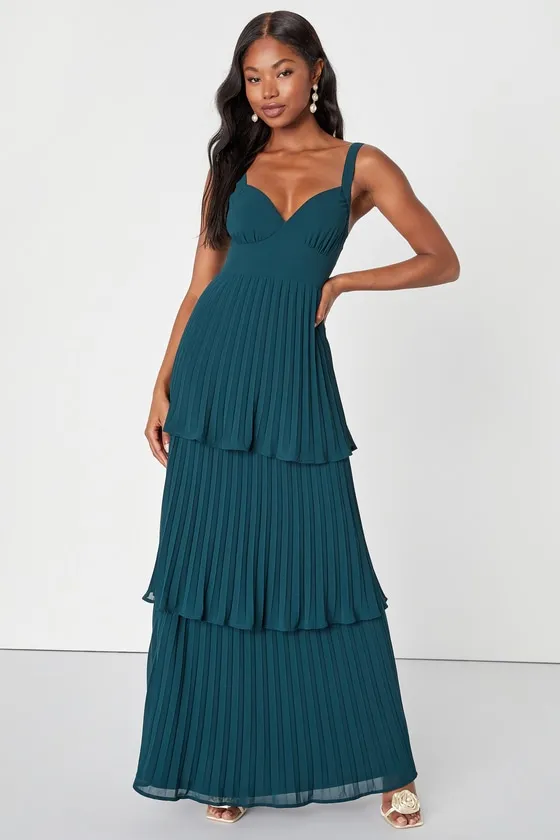 Luxe Perfection Emerald Green Pleated Tiered Backless Maxi Dress sold by Lulus