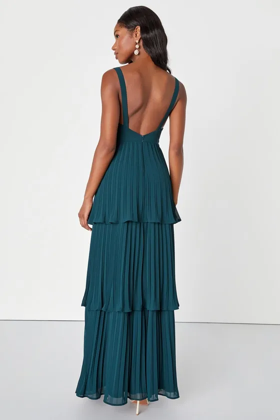 Luxe Perfection Emerald Green Pleated Tiered Backless Maxi Dress sold by Lulus product image thumbnail 2