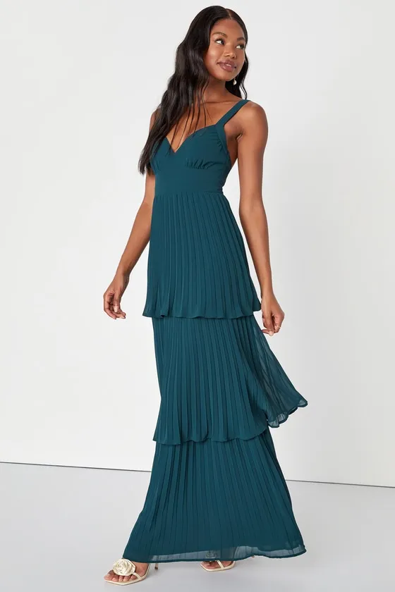 Luxe Perfection Emerald Green Pleated Tiered Backless Maxi Dress sold by Lulus product image thumbnail 3